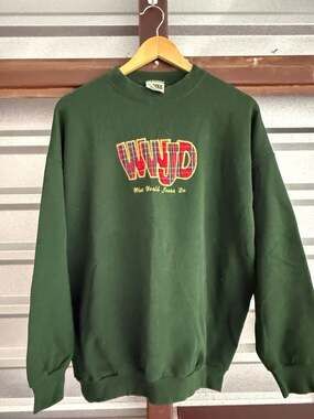 Vintage 90s Tultex WWJD What Would Jesus Do Plaid Patchwork Crewneck Sweatshirt